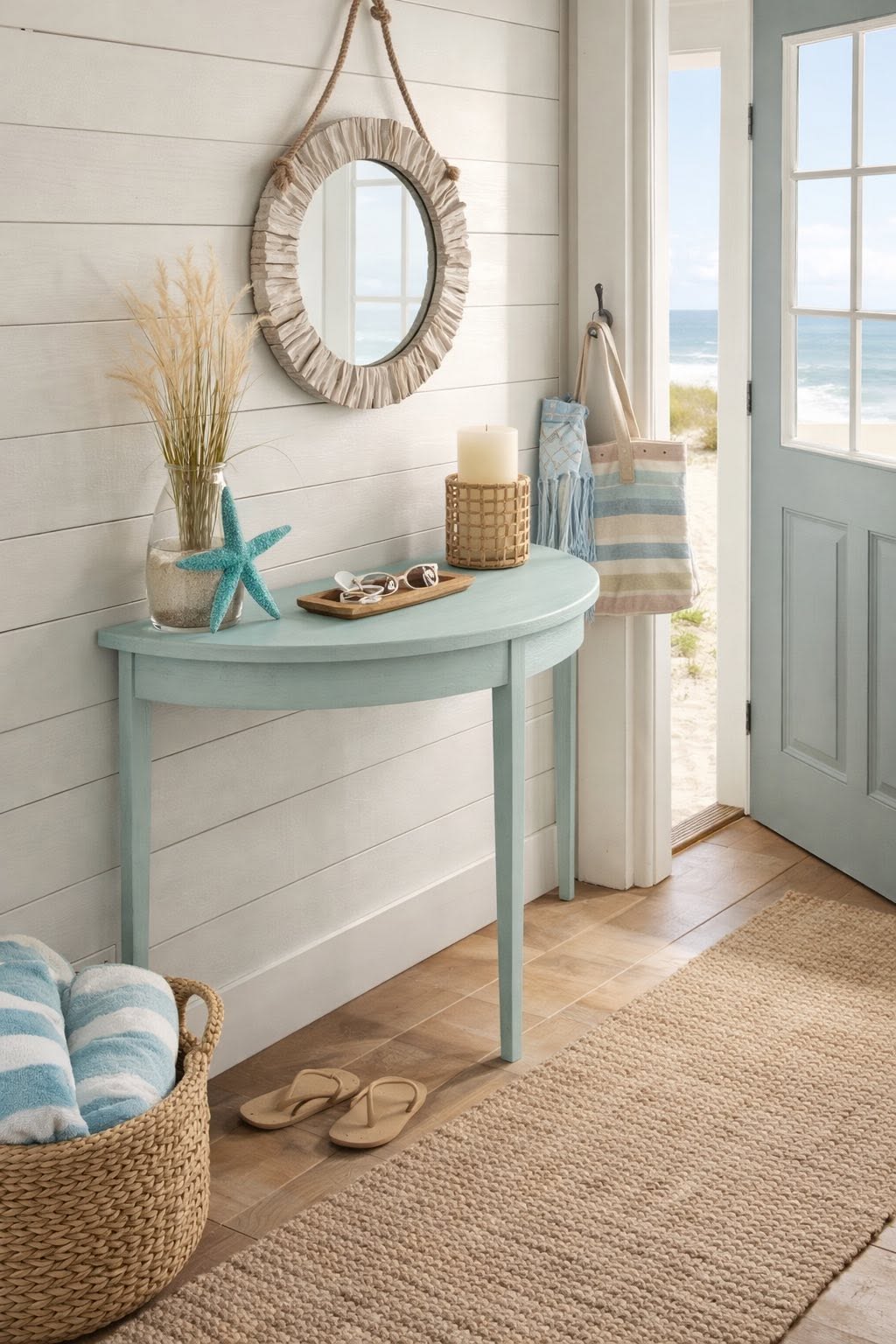 Demilune console table painted in soft seafoam green