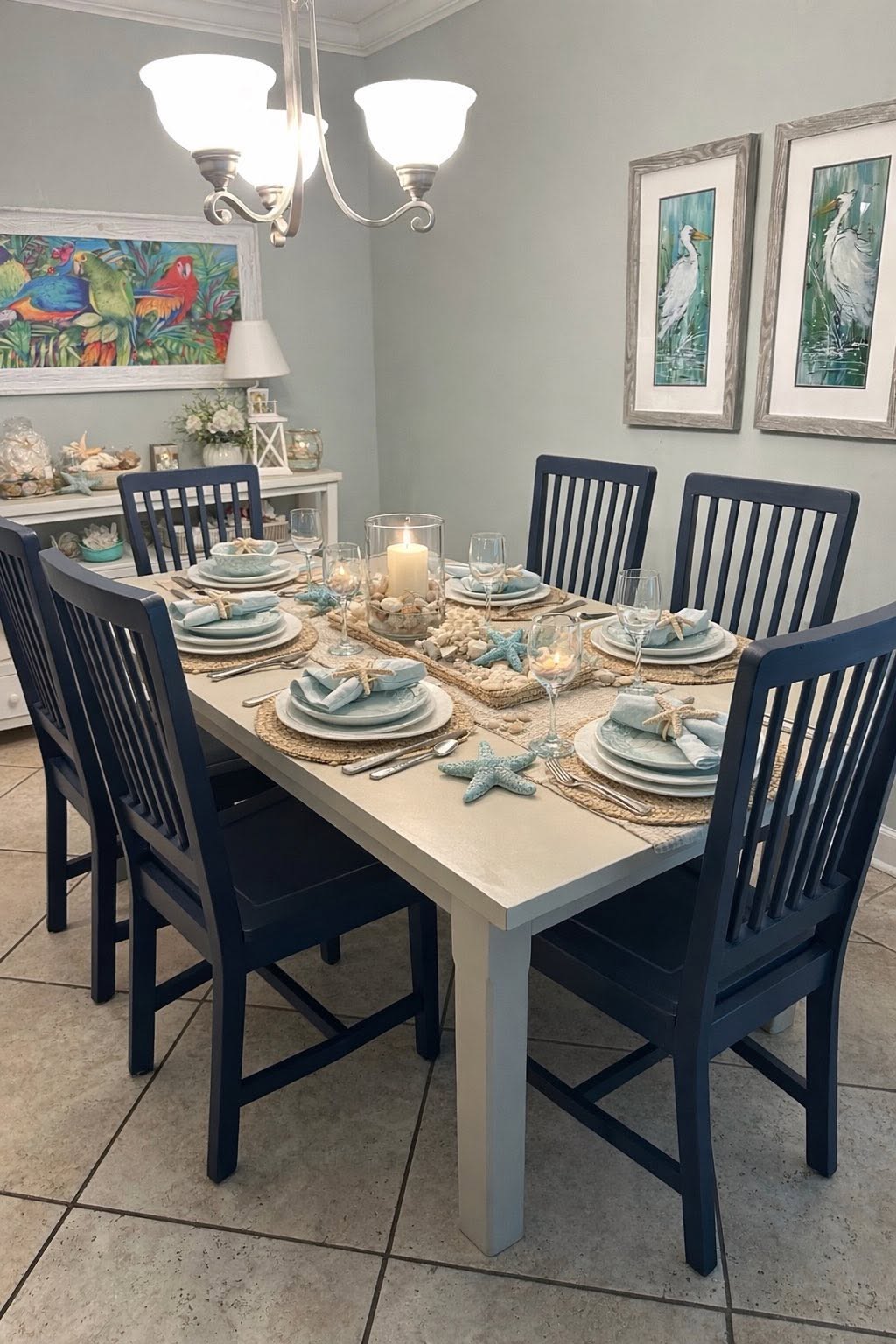 A dining table and chairs refinished in cream and deep navy