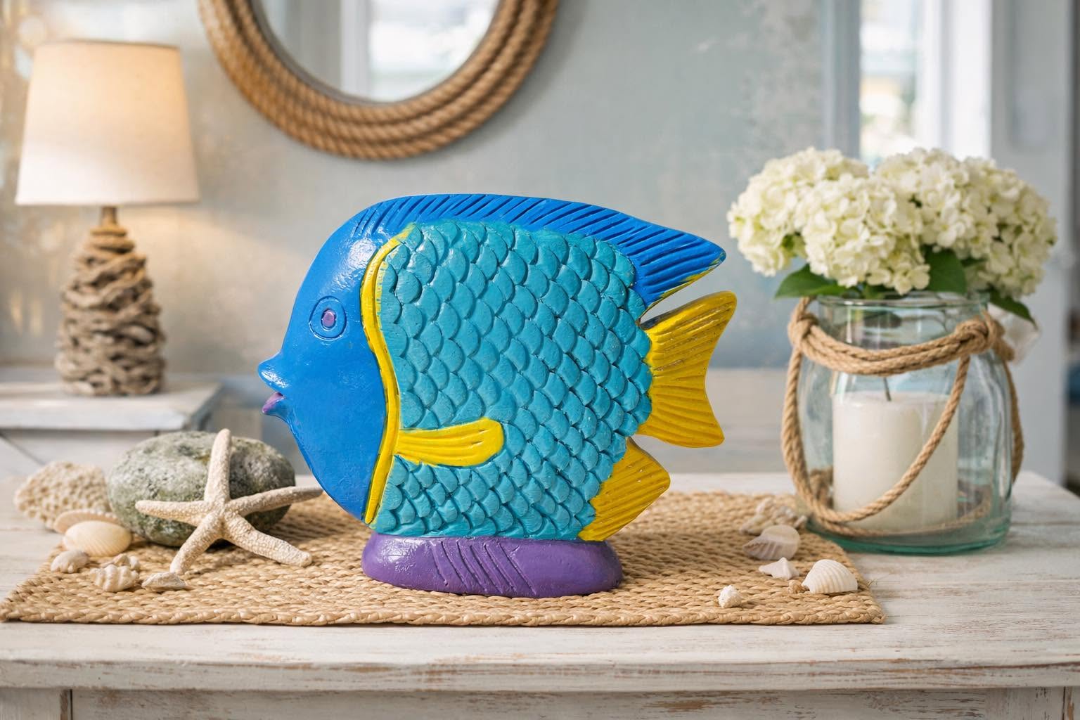 A hand-painted decorative fish on a coastal side table