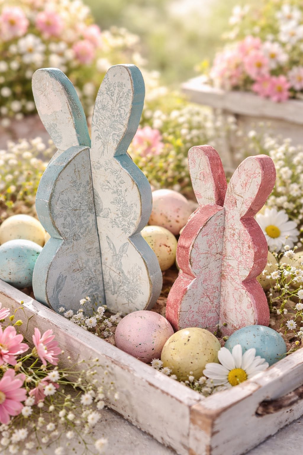 Painted wooden bunnies made as a seasonal craft project