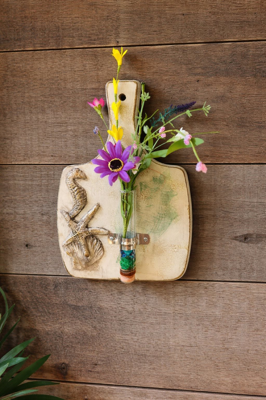 A repurposed cutting board with a rustic textured finish