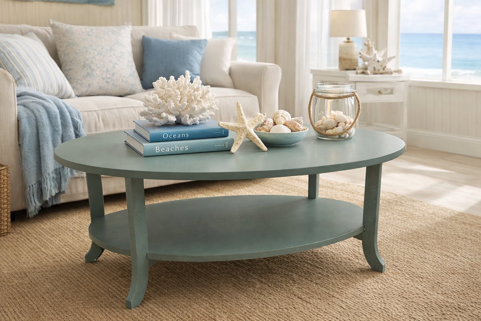 Oval coffee table painted in a soft coastal teal