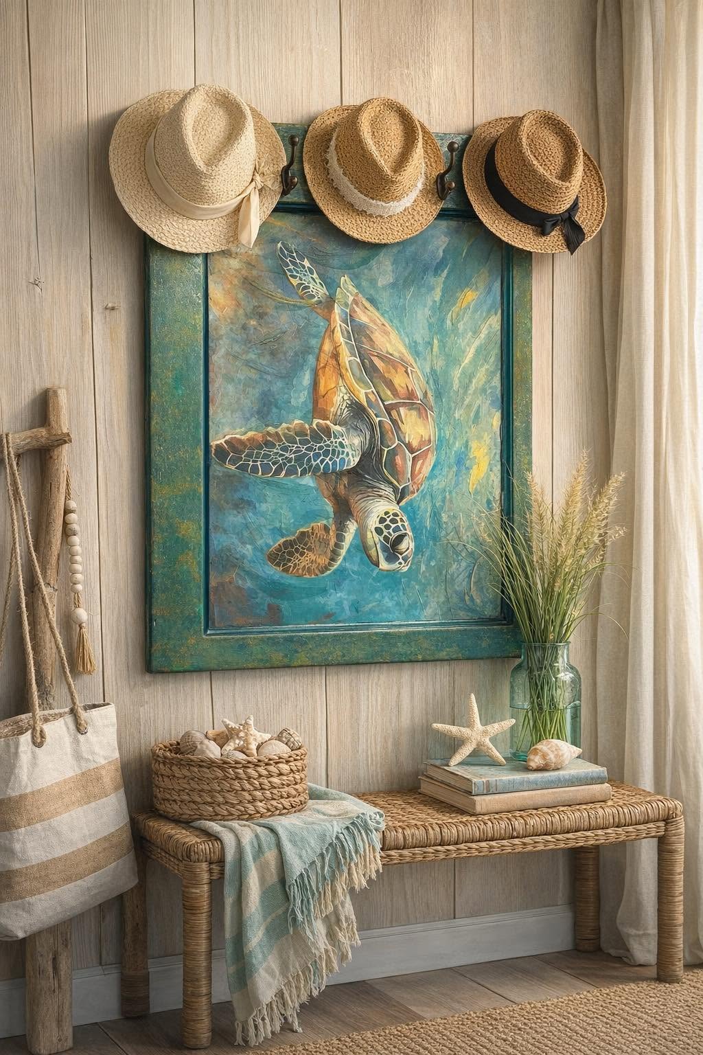 A painted sea turtle art panel above a coastal entry bench
