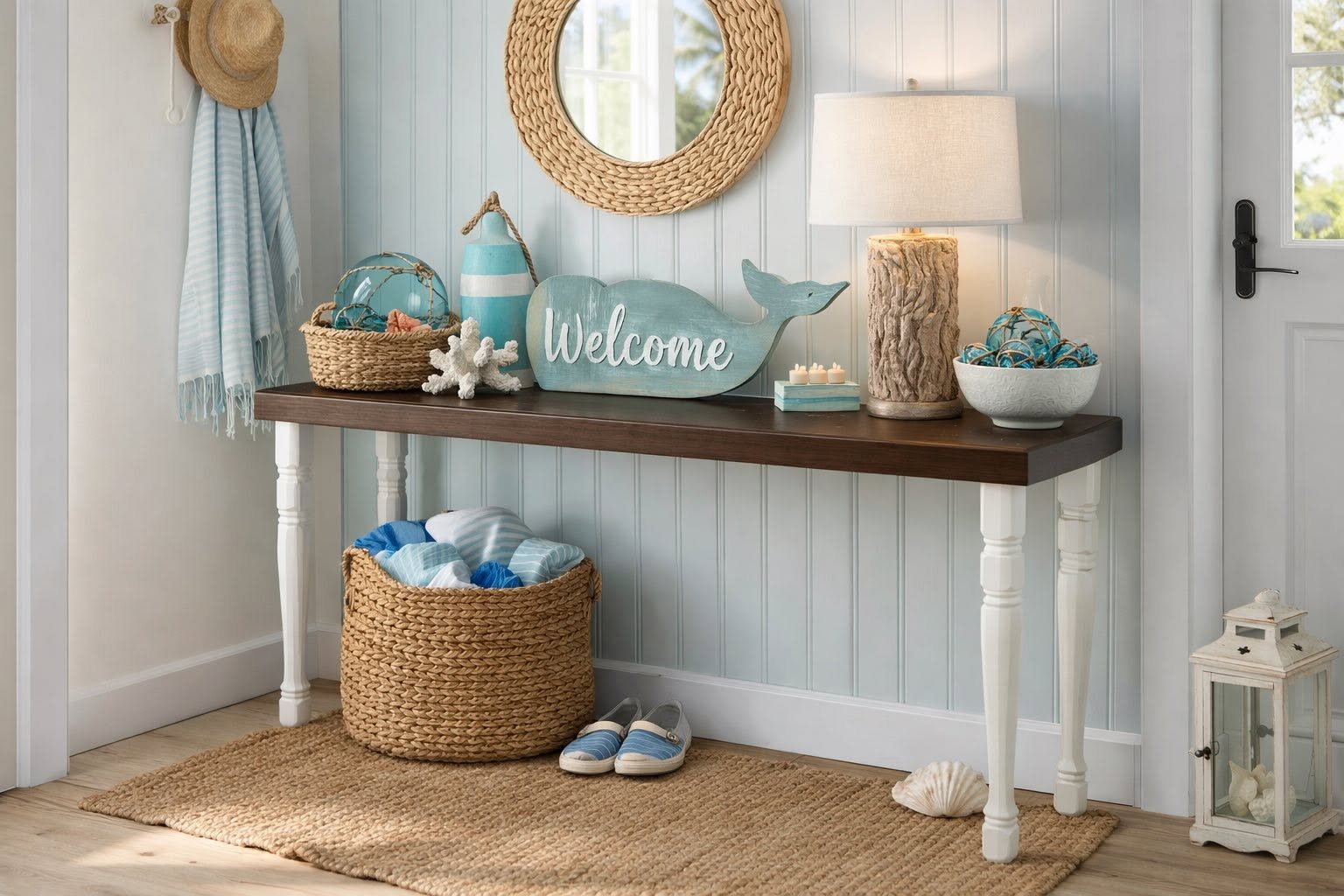 A crisp white entryway console styled with coastal pieces